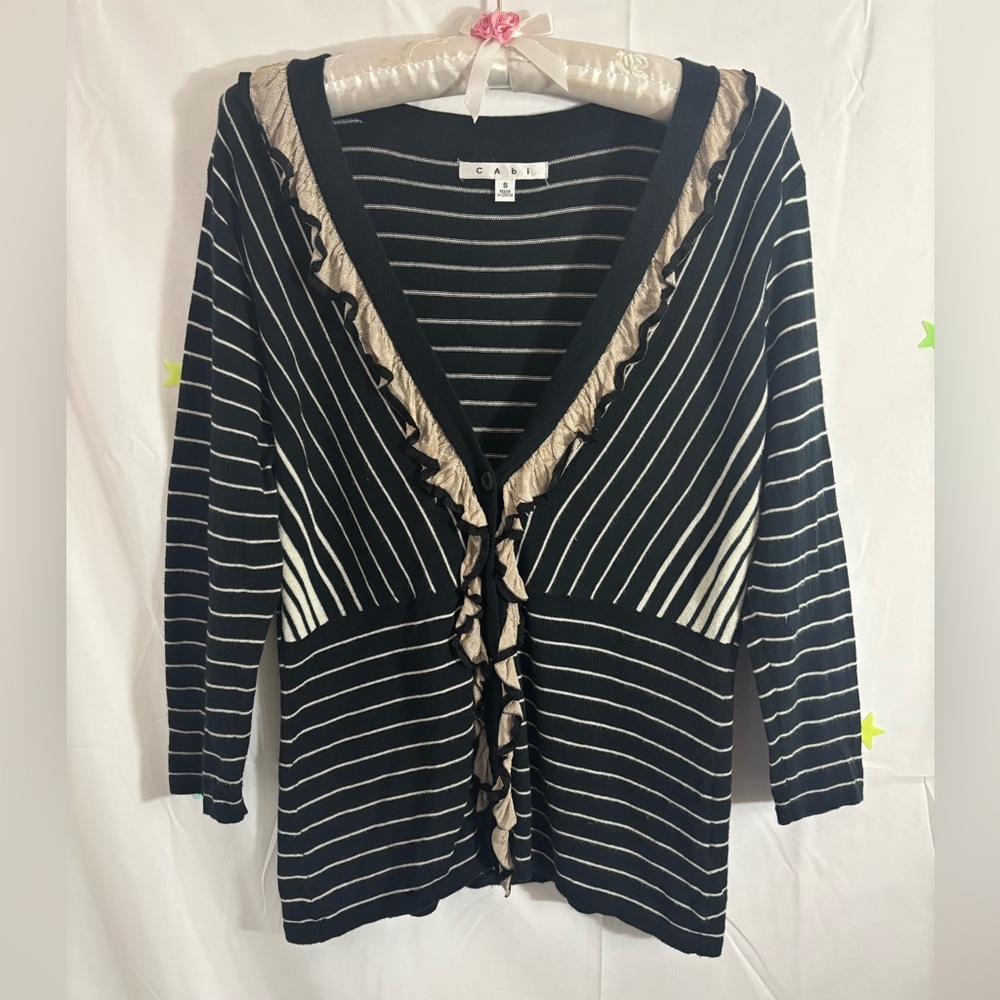 CAbi The Flirt Black and Cream Striped Cardigan with‎ Ruffled Trim Size S/M